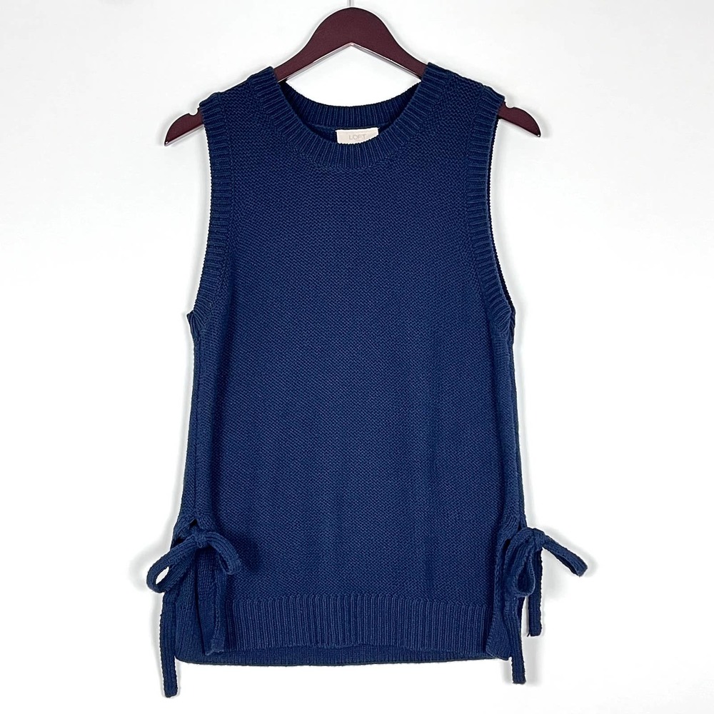 LOFT Side Tie Knit Sweater Tank Top Vest Navy Blue Sleeveless Crewneck Small